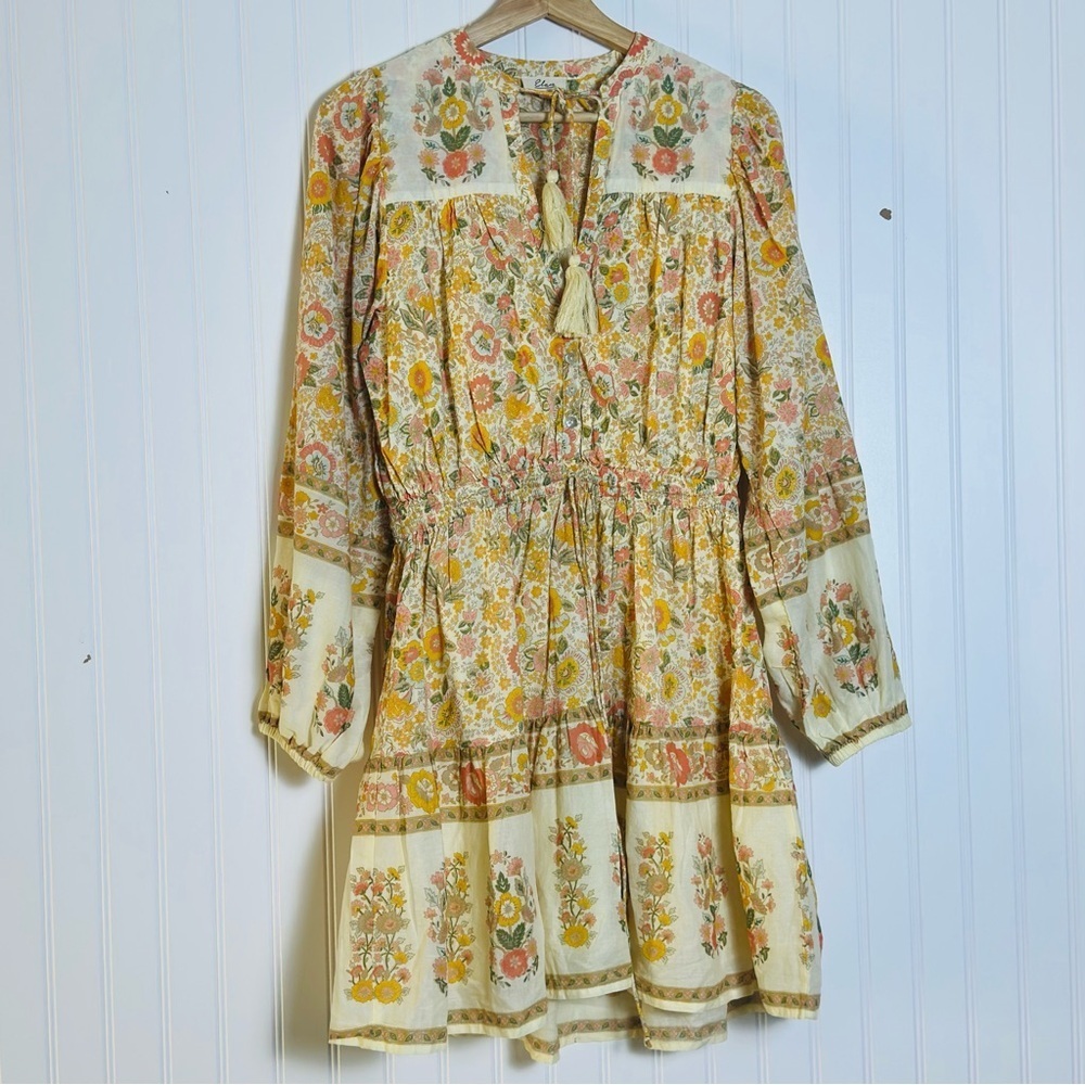 ELAN long sleeve print tie neck dress in cream monterey print Medium Lined - Picture 4 of 10